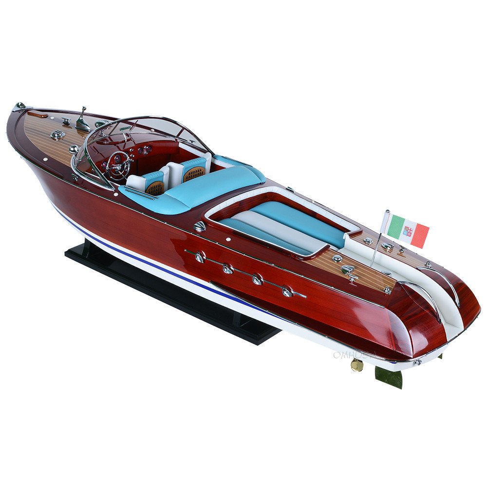 10" Unfinished Wood Hand Painted Model Boat. Home product isolated on a plain white background, in a burgundy wood finish.