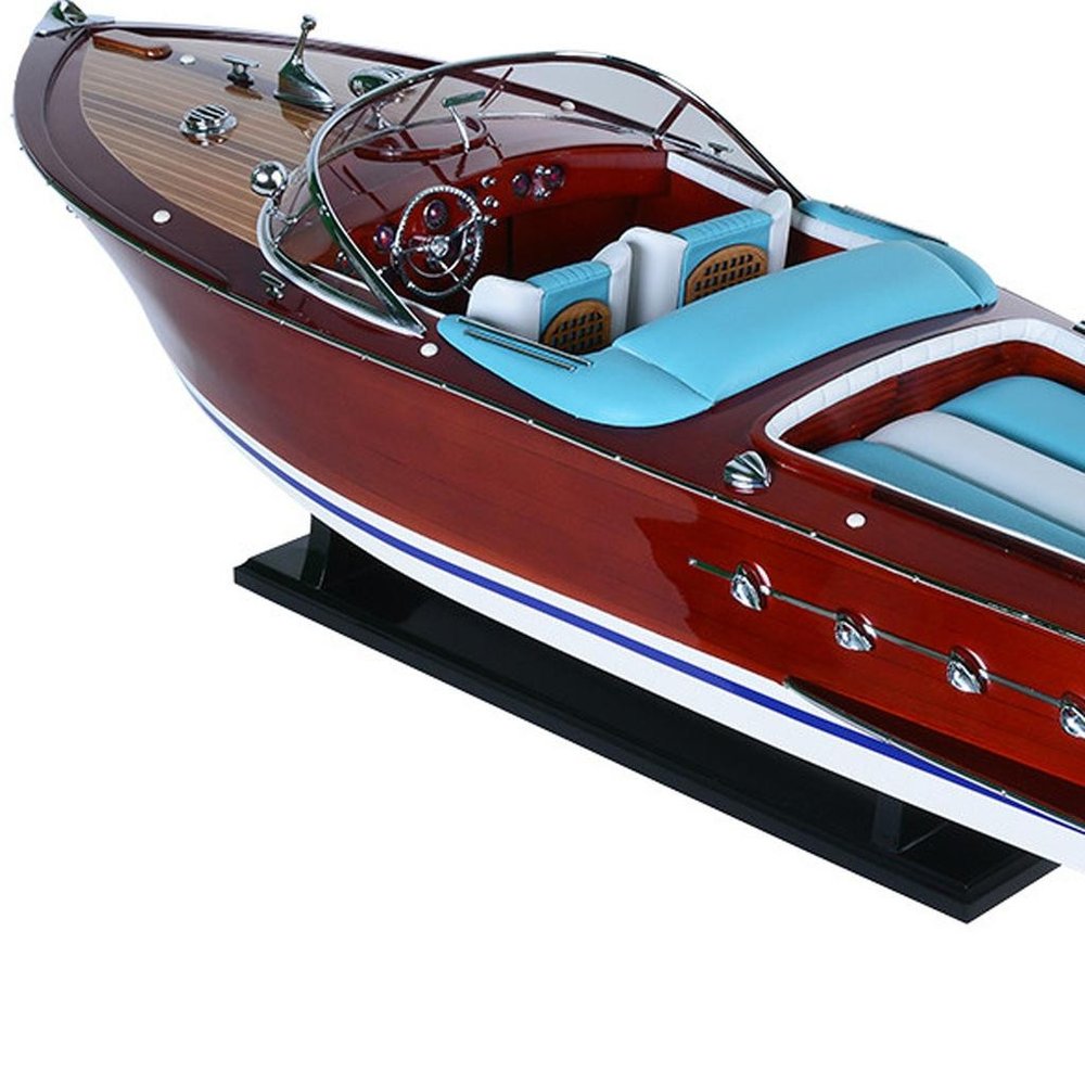 10" Unfinished Wood Hand Painted Model Boat. Home product isolated on a plain white background, showing a burgundy wood surface.