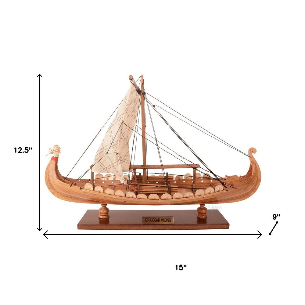 13" Unfinished Wood Hand Painted Model Boat. Home product isolated on a plain white background, showing a tan wood surface.