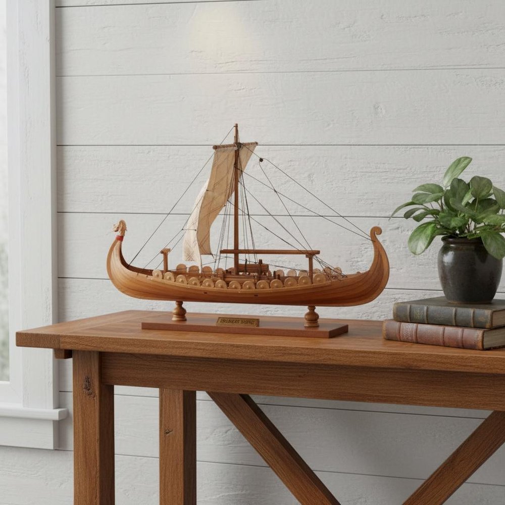 13" Unfinished Wood Hand Painted Model Boat styled in a furnished interior with a light gray wall on a tiled floor in light gray wood.