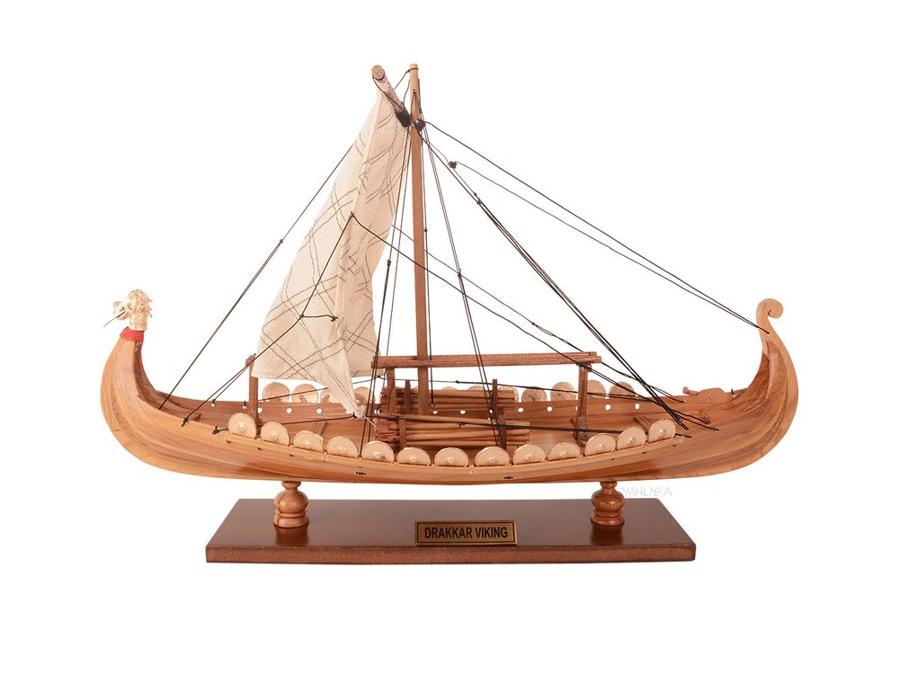 13" Unfinished Wood Hand Painted Model Boat. Home product isolated on a plain white background, in a tan wood finish.