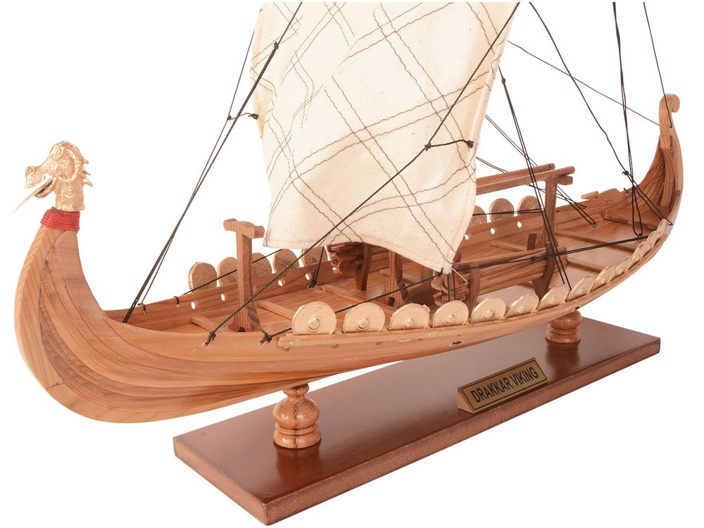 13" Unfinished Wood Hand Painted Model Boat. Home product isolated on a plain white background, in a tan wood finish.