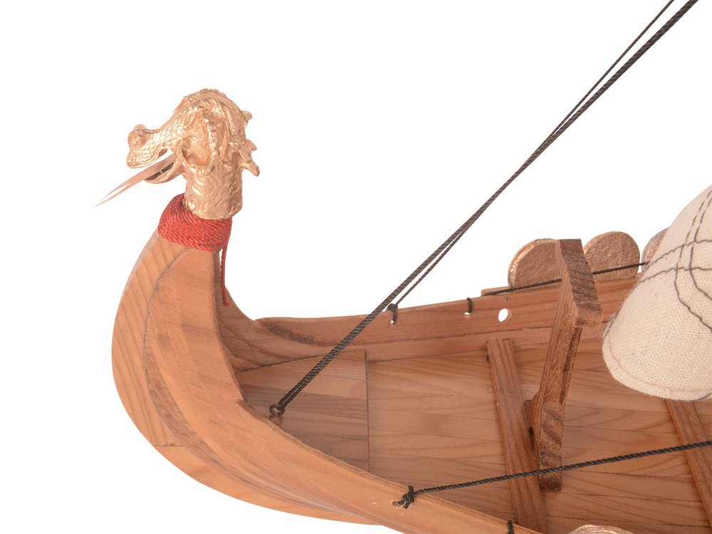 13" Unfinished Wood Hand Painted Model Boat. Home product isolated on a plain white background, showing a brown wood surface.