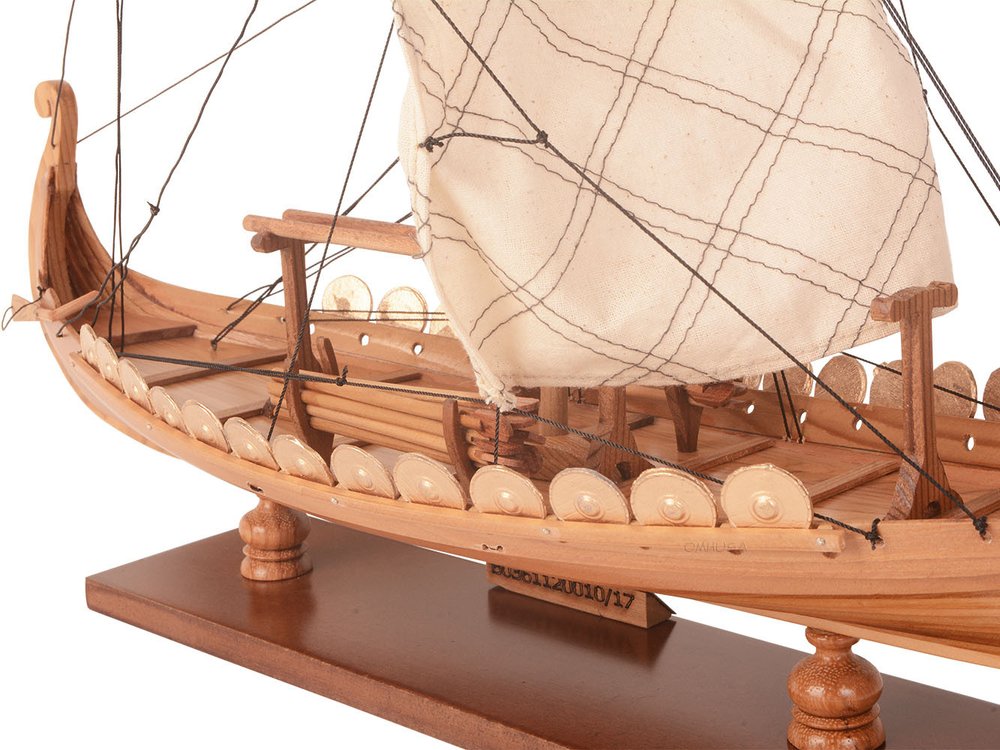 13" Unfinished Wood Hand Painted Model Boat. Home product isolated on a plain white background, in a cream wood finish.