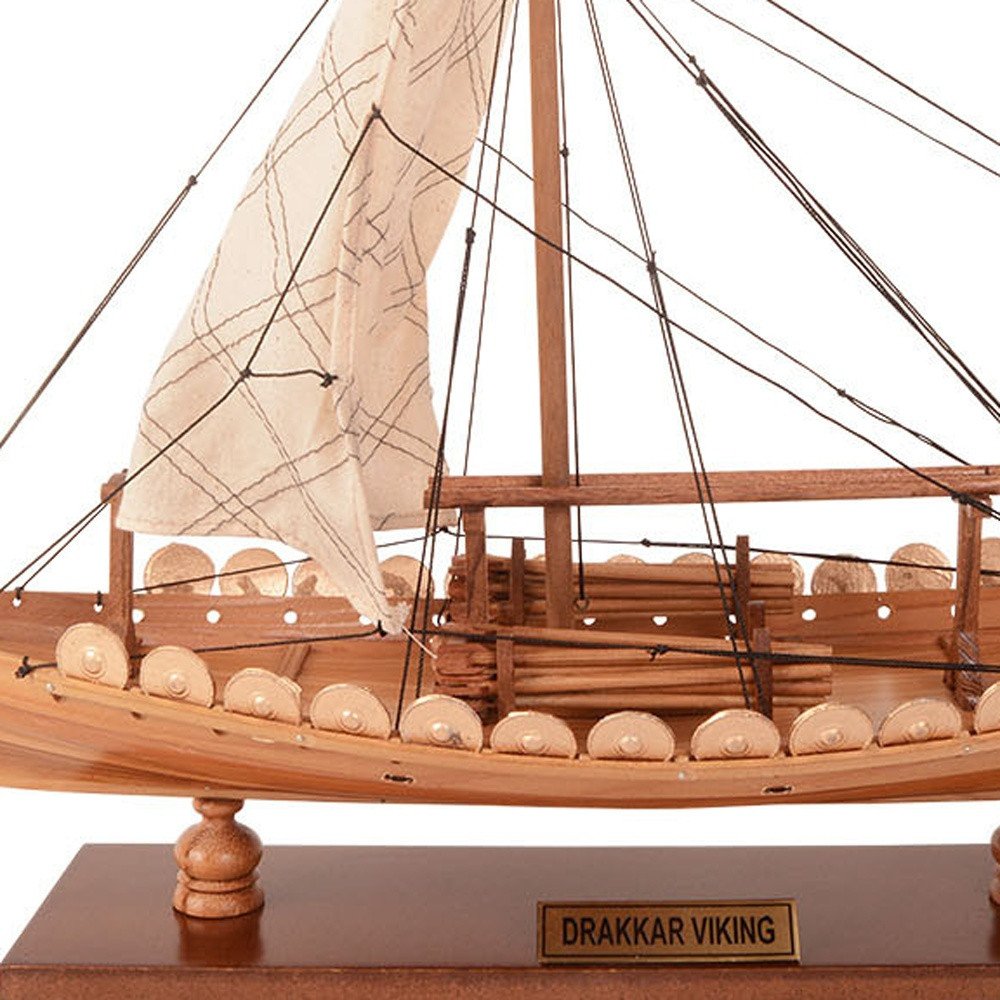 13" Unfinished Wood Hand Painted Model Boat. Home product in brown wood.