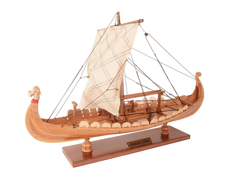 13" Unfinished Wood Hand Painted Model Boat. Home product isolated on a plain white background, showing a cream wood surface.