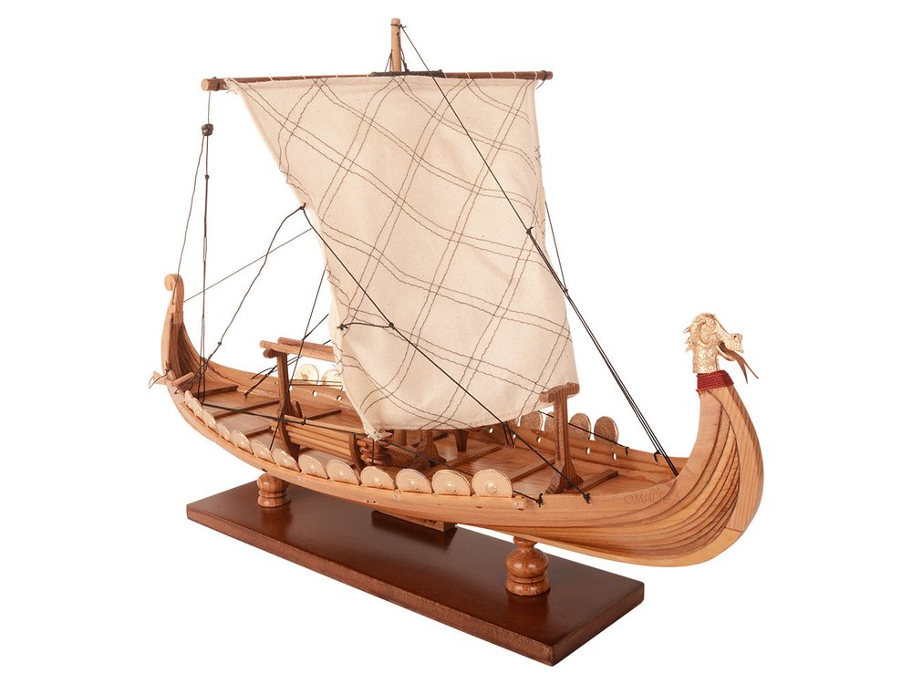 13" Unfinished Wood Hand Painted Model Boat. Home product isolated on a plain white background, finished in cream wood.