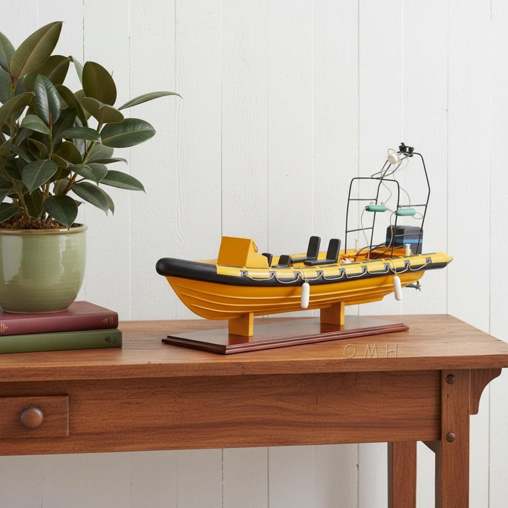 Close-up of 13" Unfinished Wood Hand Painted Model Boat showing dark brown wood detail.