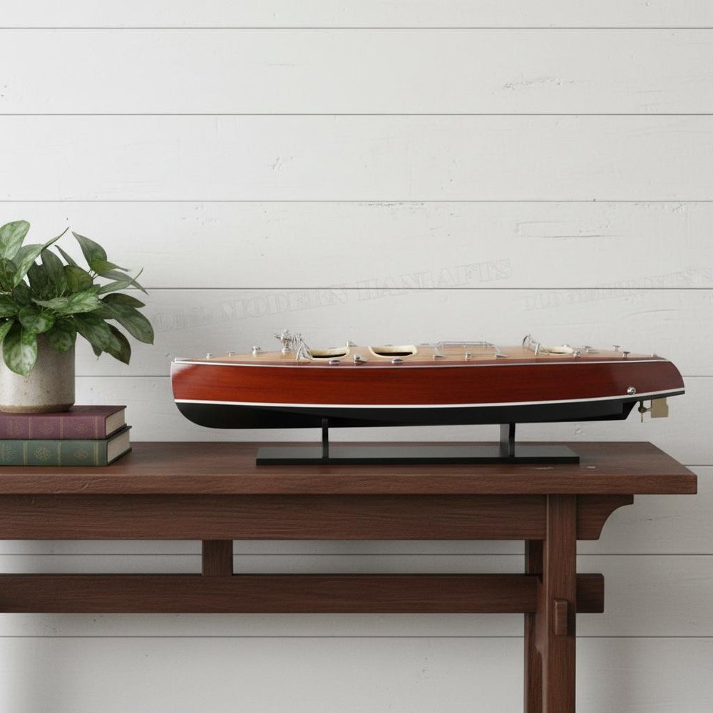 17" Unfinished Wood Hand Painted Model Boat styled in a furnished interior with an off-white wall on a tiled floor in dark brown wood.