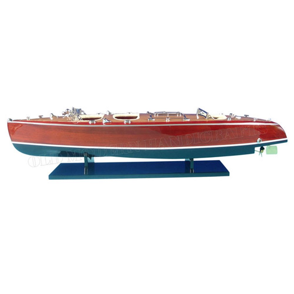 17" Unfinished Wood Hand Painted Model Boat. Home product isolated on a plain white background, showing a burgundy wood surface.