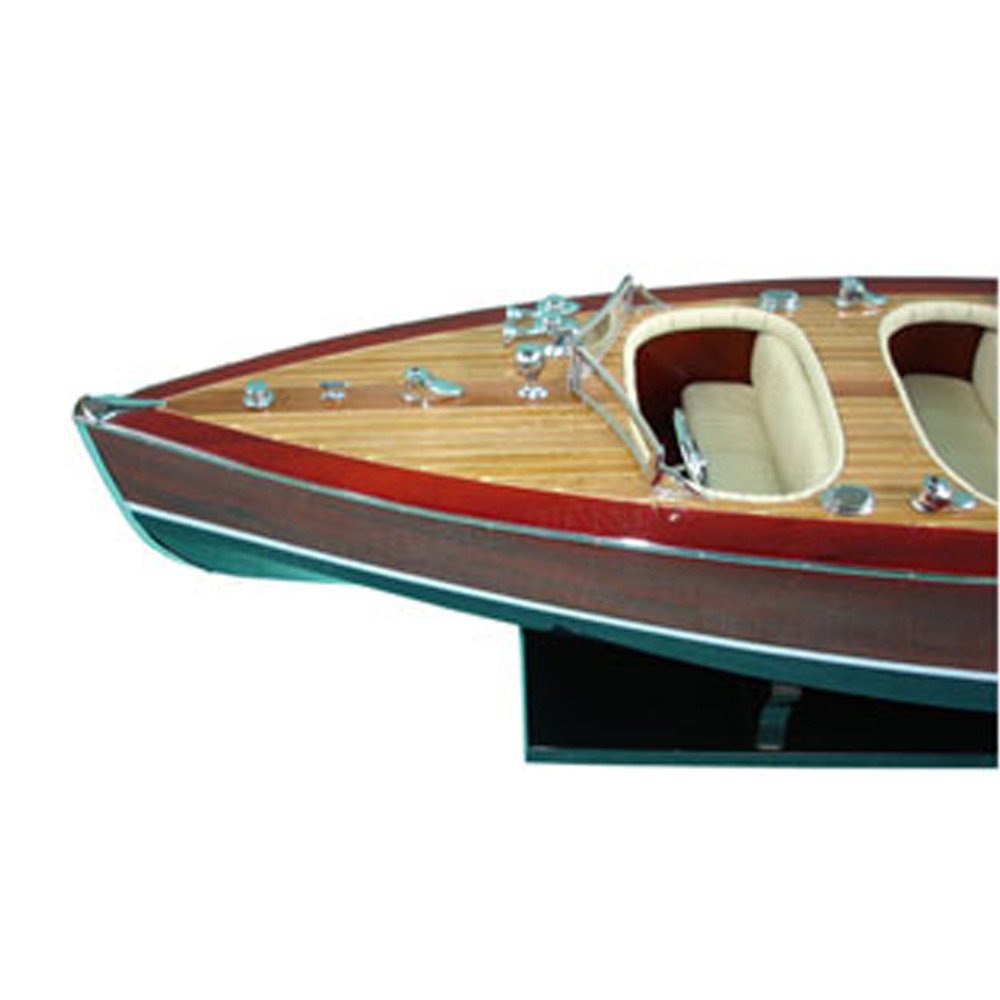17" Unfinished Wood Hand Painted Model Boat. Home product isolated on a plain white background, finished in tan wood.