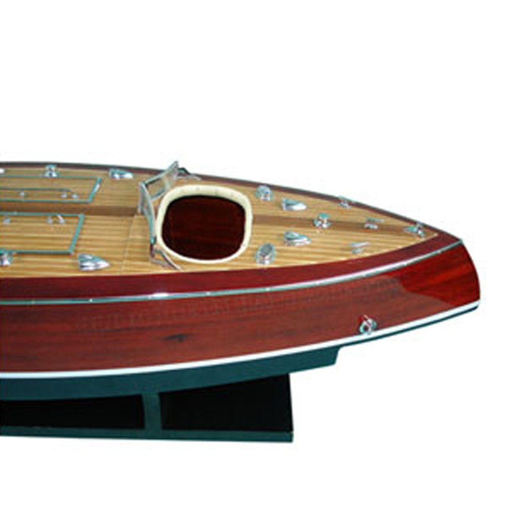 17" Unfinished Wood Hand Painted Model Boat. Home product isolated on a plain white background, showing a burgundy wood surface.