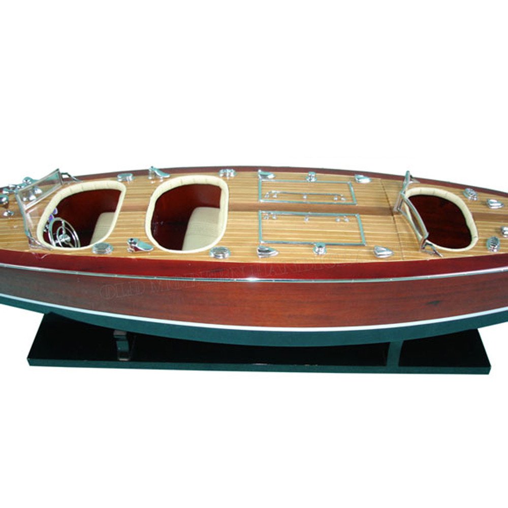 17" Unfinished Wood Hand Painted Model Boat. Home product isolated on a plain white background, in a burgundy wood finish.