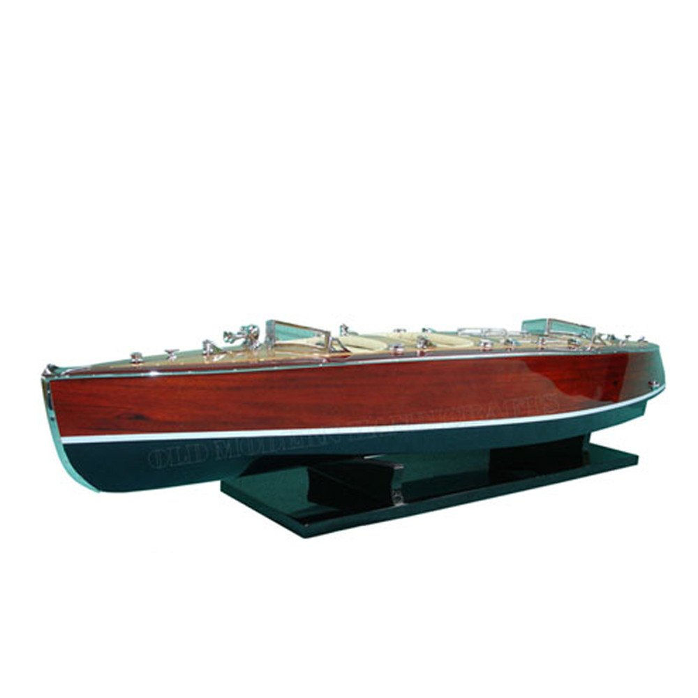 17" Unfinished Wood Hand Painted Model Boat. Home product isolated on a plain white background, in a teal wood finish.