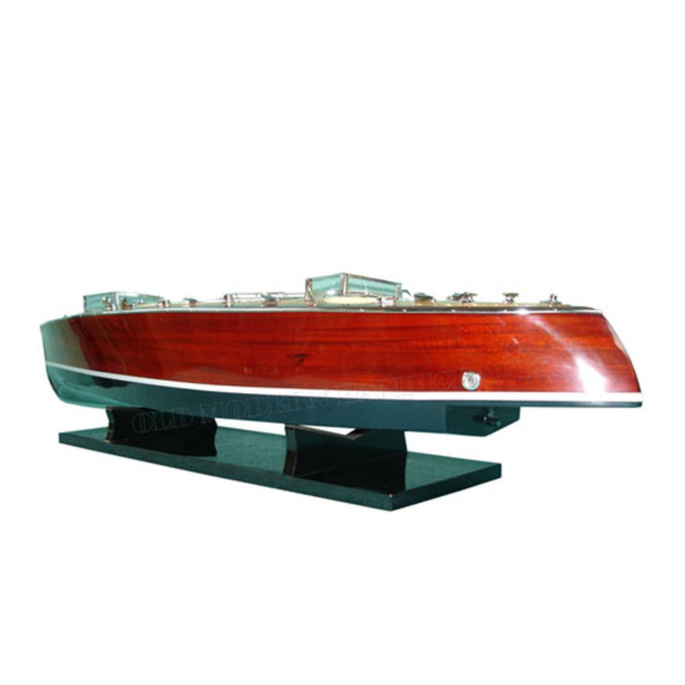 17" Unfinished Wood Hand Painted Model Boat. Home product isolated on a plain white background, finished in burgundy wood.