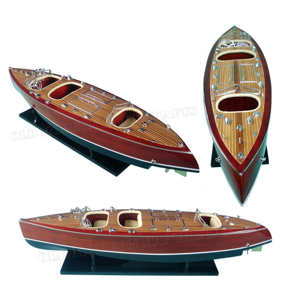 17" Unfinished Wood Hand Painted Model Boat. Home product isolated on a plain white background, in a burgundy wood finish.
