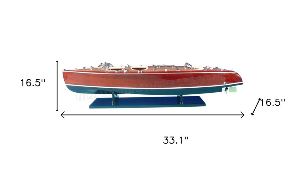 17" Unfinished Wood Hand Painted Model Boat. Home product isolated on a plain white background, showing a teal wood surface.
