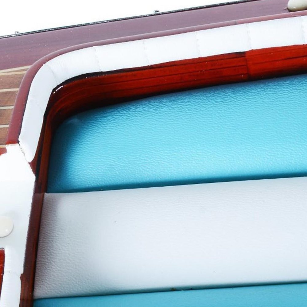 16" Unfinished Wood Hand Painted Model Boat detail shot of the teal wood finish.