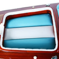 Cropped view of 16" Unfinished Wood Hand Painted Model Boat focusing on the teal wood surface.