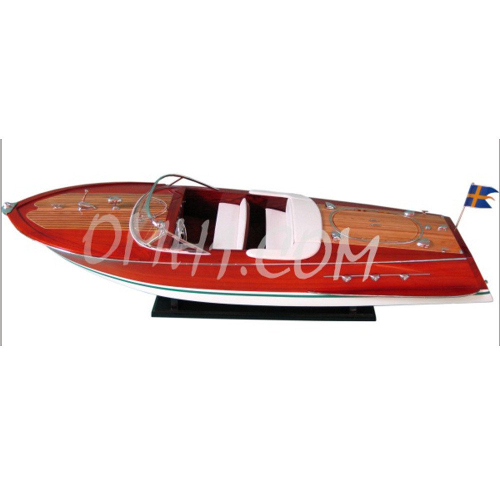 10" Unfinished Wood Hand Painted Model Boat. Home product isolated on a plain white background, showing a burgundy wood surface.