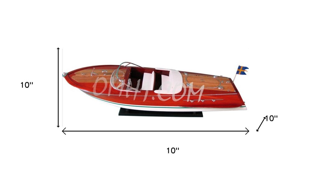 10" Unfinished Wood Hand Painted Model Boat. Home product isolated on a plain white background, in a burgundy wood finish.
