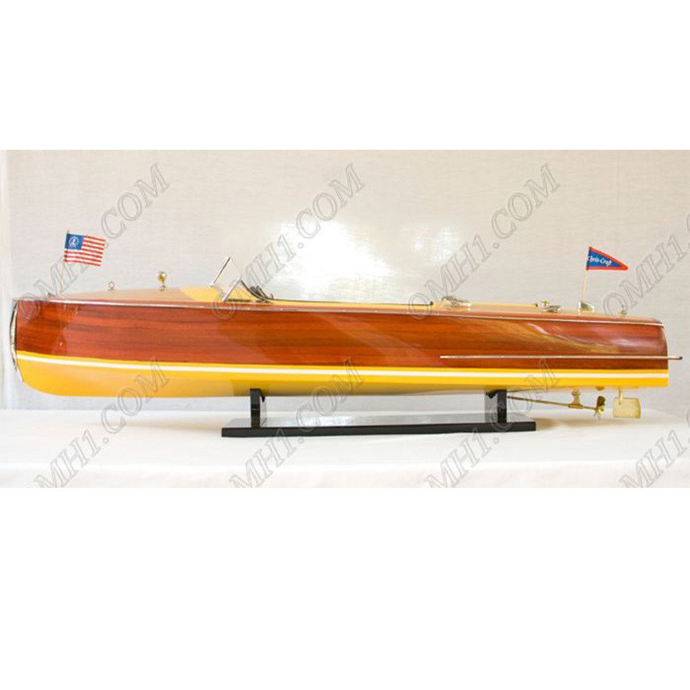 10" Unfinished Wood Hand Painted Model Boat. Home product isolated on a plain white background, finished in cream wood.