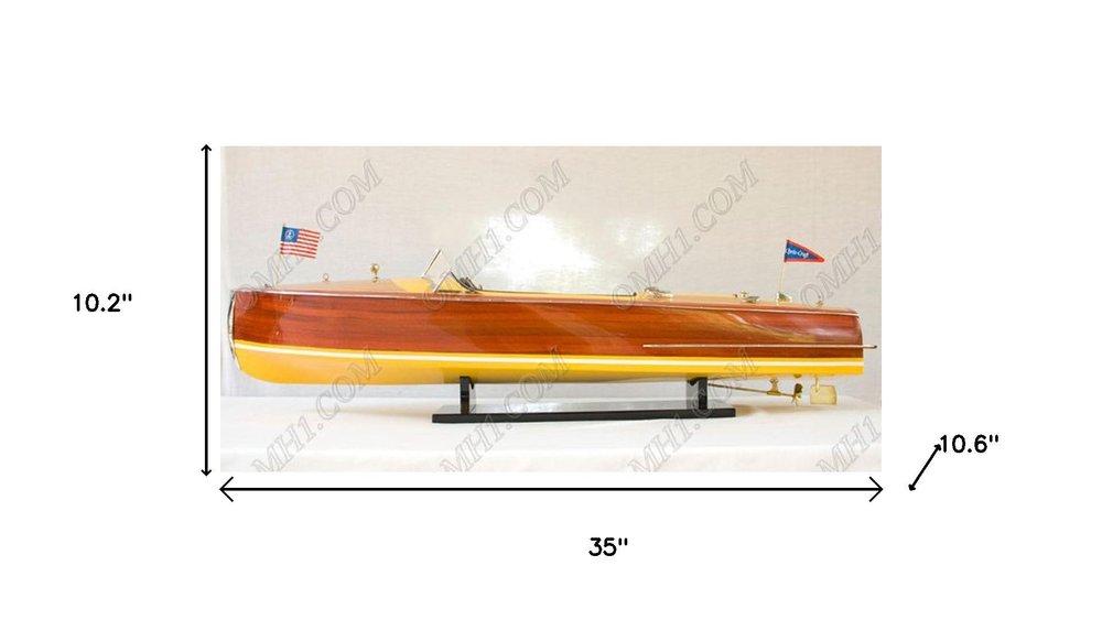 10" Unfinished Wood Hand Painted Model Boat. Home product isolated on a plain white background, in a cream wood finish.