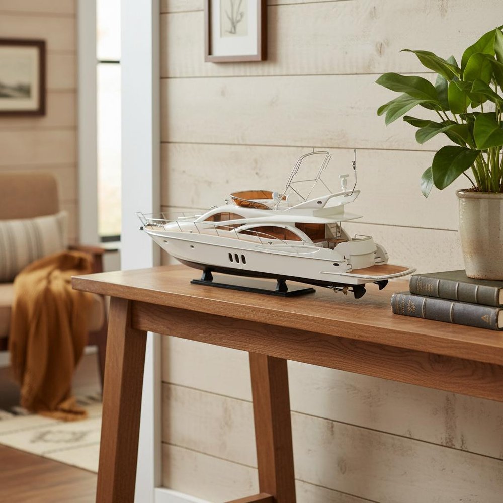 14" Unfinished Wood Hand Painted Model Boat. Home product in tan wood.