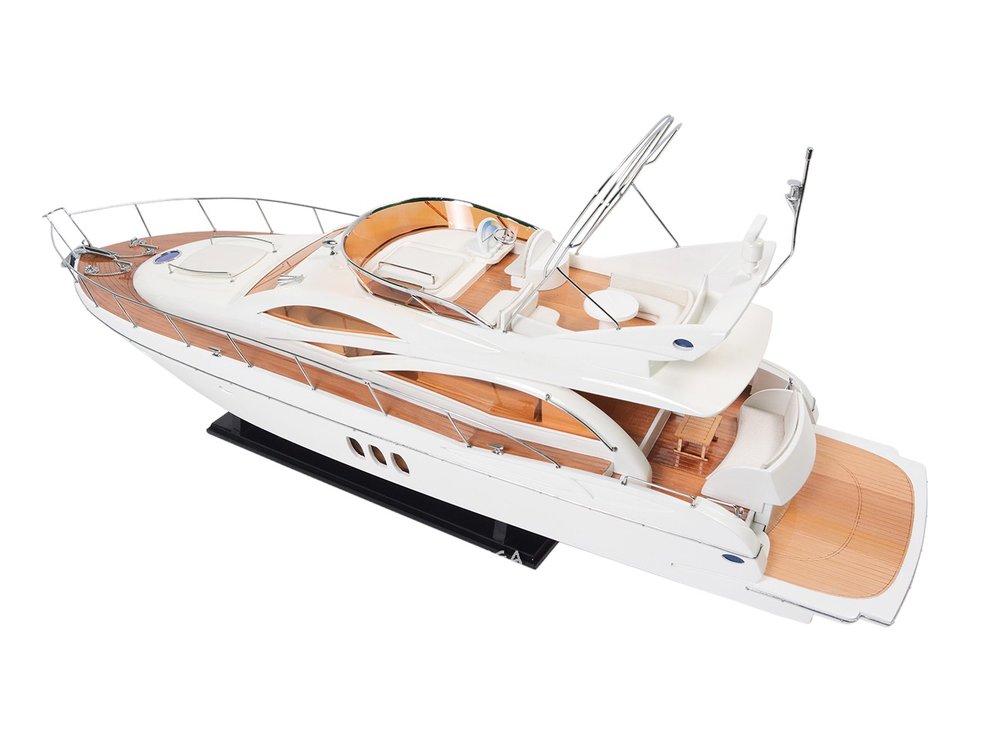 14" Unfinished Wood Hand Painted Model Boat. Home product isolated on a plain white background, showing a tan wood surface.