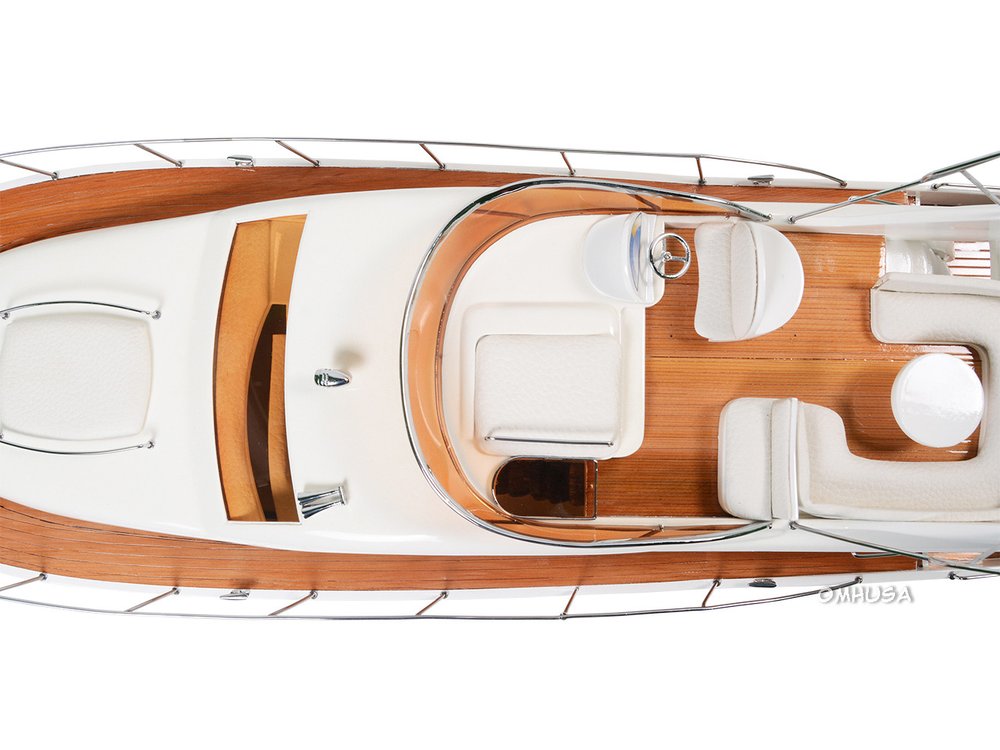 14" Unfinished Wood Hand Painted Model Boat. Home product isolated on a plain white background, in a orange wood finish.