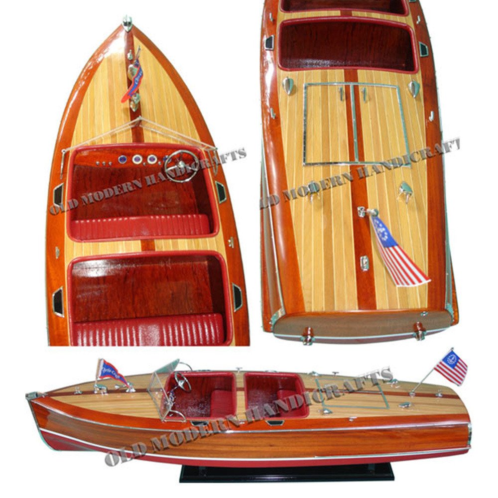 10" Unfinished Wood Hand Painted Model Boat. Home product isolated on a plain white background, finished in burgundy wood.