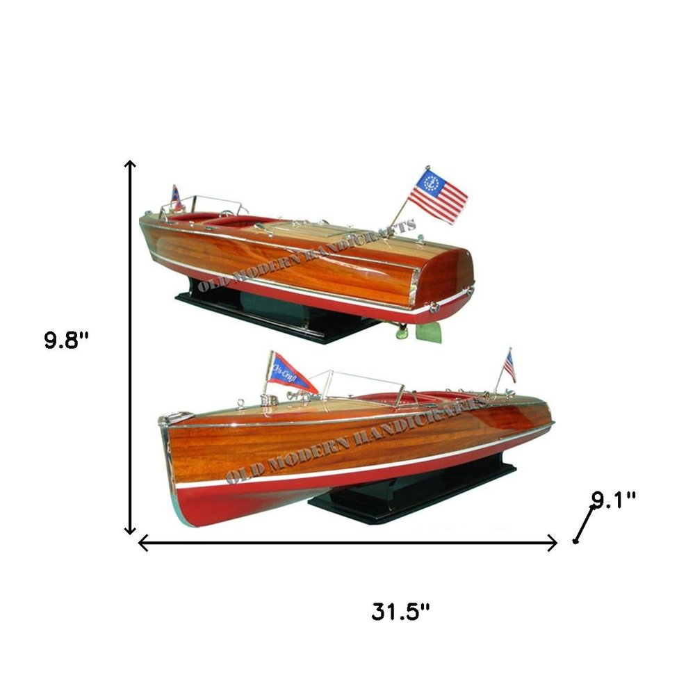 10" Unfinished Wood Hand Painted Model Boat. Home product isolated on a plain white background, in a mahogany wood finish.