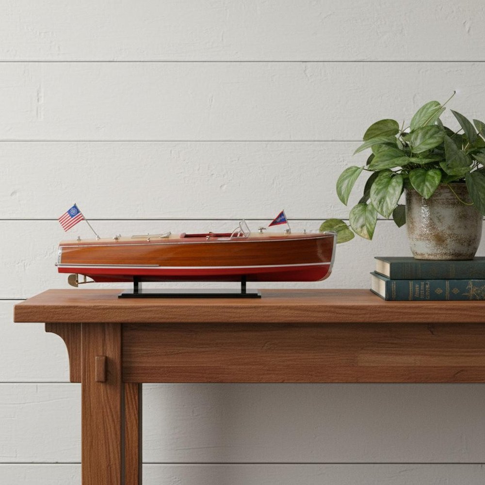10" Unfinished Wood Hand Painted Model Boat styled in a furnished interior with a light gray wall on a tiled floor in light gray wood.