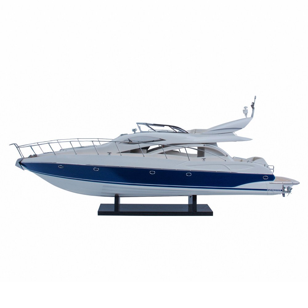 15" Unfinished Wood Hand Painted Model Boat. Home product isolated on a plain white background, finished in blue wood.