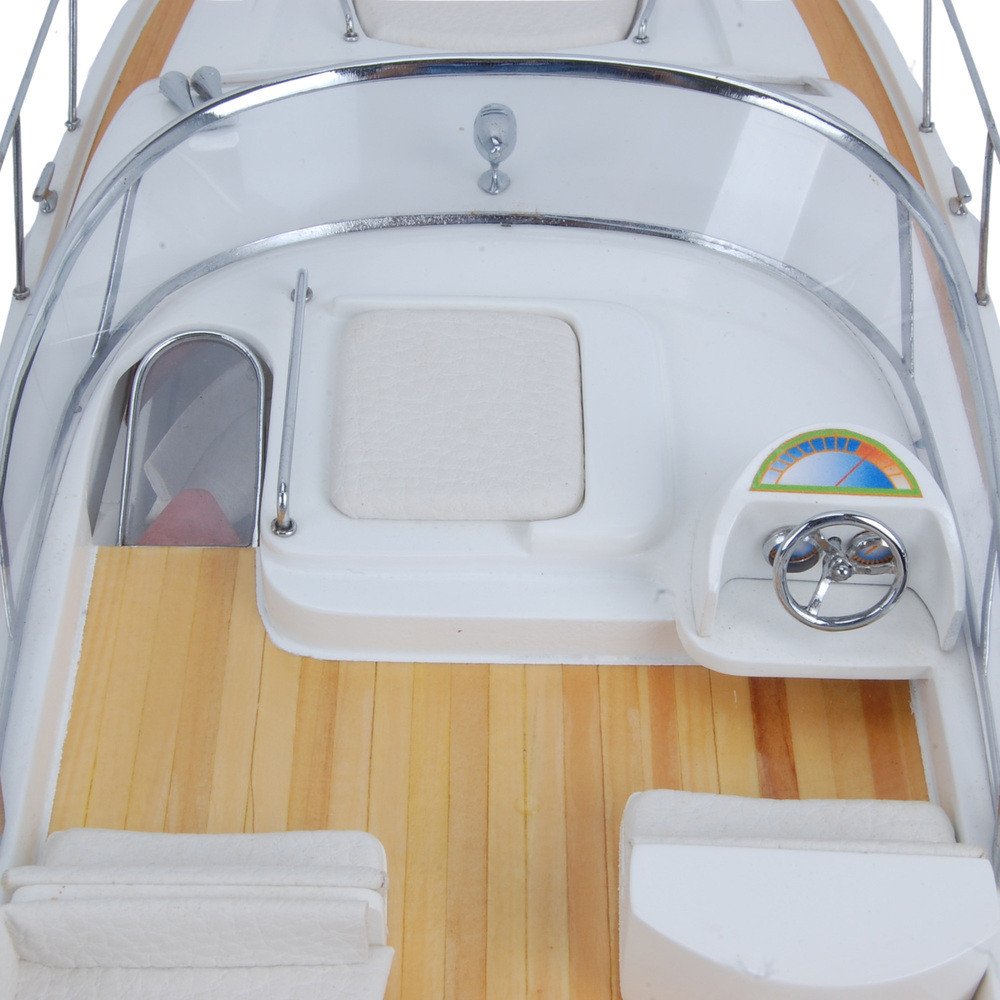 15" Unfinished Wood Hand Painted Model Boat. Home product isolated on a plain white background, showing a blue wood surface.