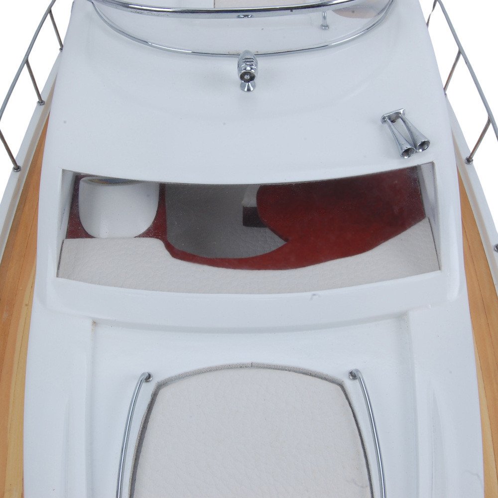 Close-up of 15" Unfinished Wood Hand Painted Model Boat showing blue wood detail.