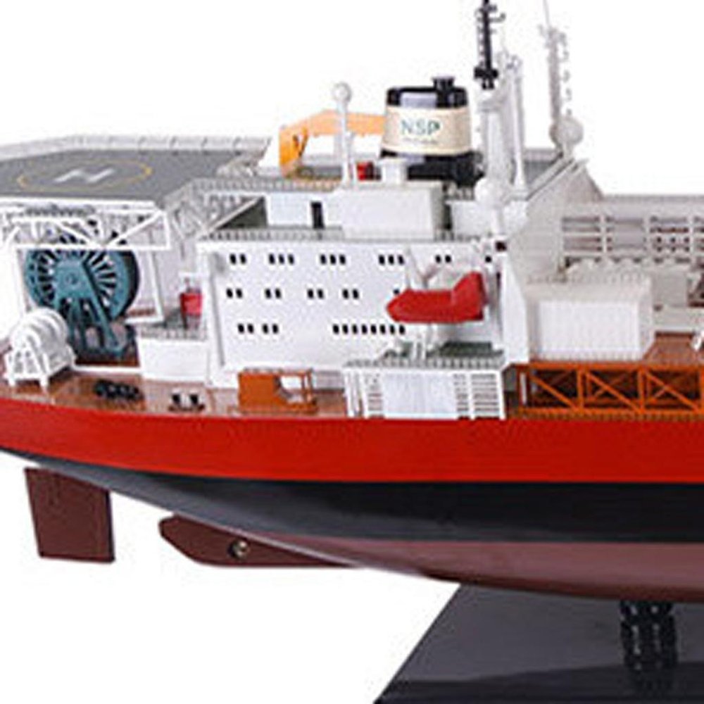 10" Unfinished Wood Hand Painted Model Boat. Home product isolated on a plain white background, in a burgundy wood finish.