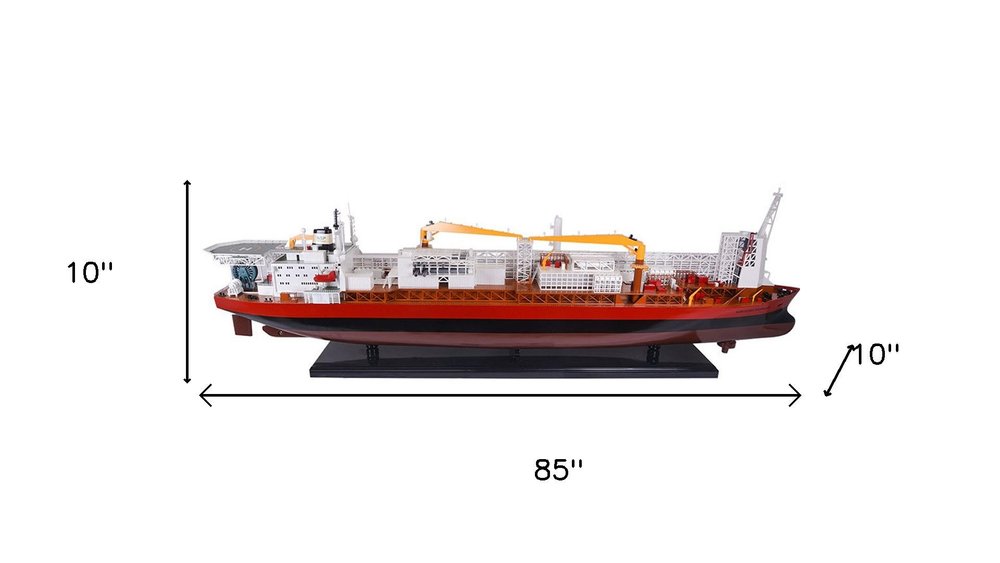 10" Unfinished Wood Hand Painted Model Boat. Home product isolated on a plain white background, in a burgundy wood finish.