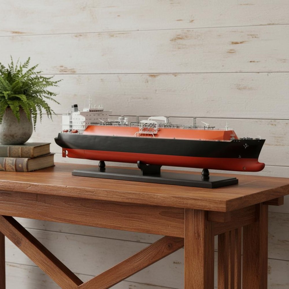 10" Unfinished Wood Hand Painted Model Boat styled in a furnished interior with a light gray wall on a dark wood floor in dark brown wood.