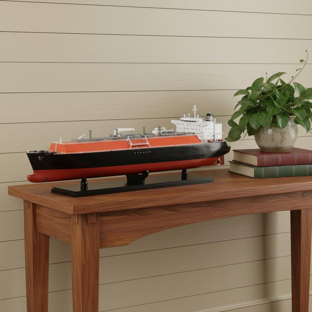 10" Unfinished Wood Hand Painted Model Boat styled in a furnished interior with a cream wall on a wood floor in tan wood.