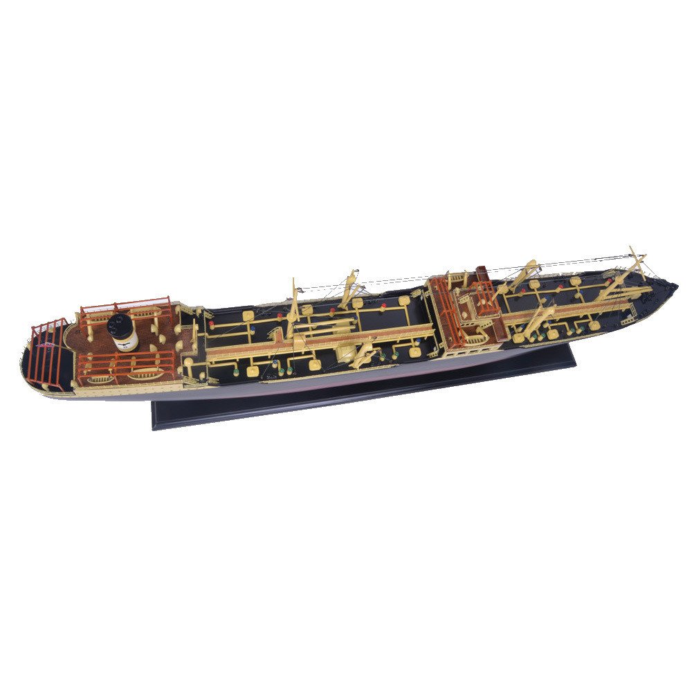 10" Unfinished Wood Hand Painted Model Boat. Home product isolated on a plain white background, in a charcoal wood finish.