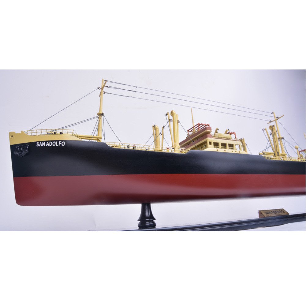 10" Unfinished Wood Hand Painted Model Boat. Home product isolated on a plain white background, finished in burgundy wood.