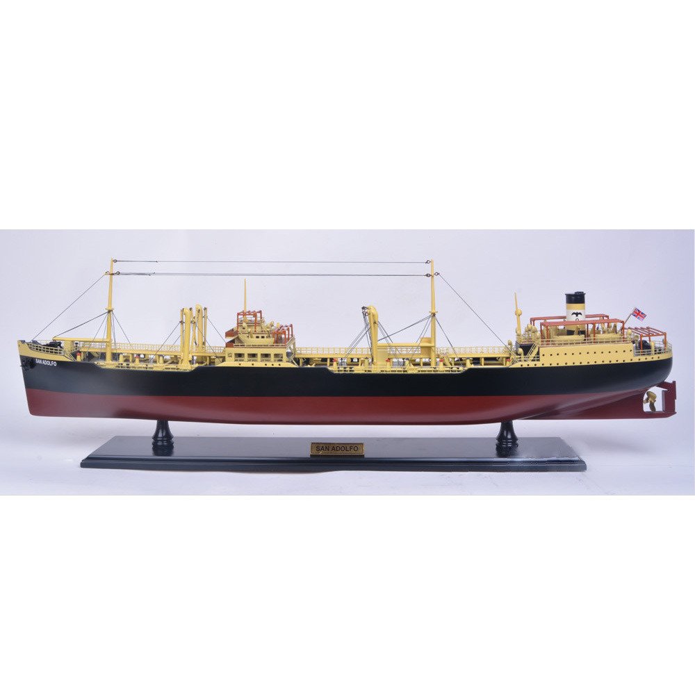 10" Unfinished Wood Hand Painted Model Boat. Home product isolated on a plain white background, finished in blue wood.