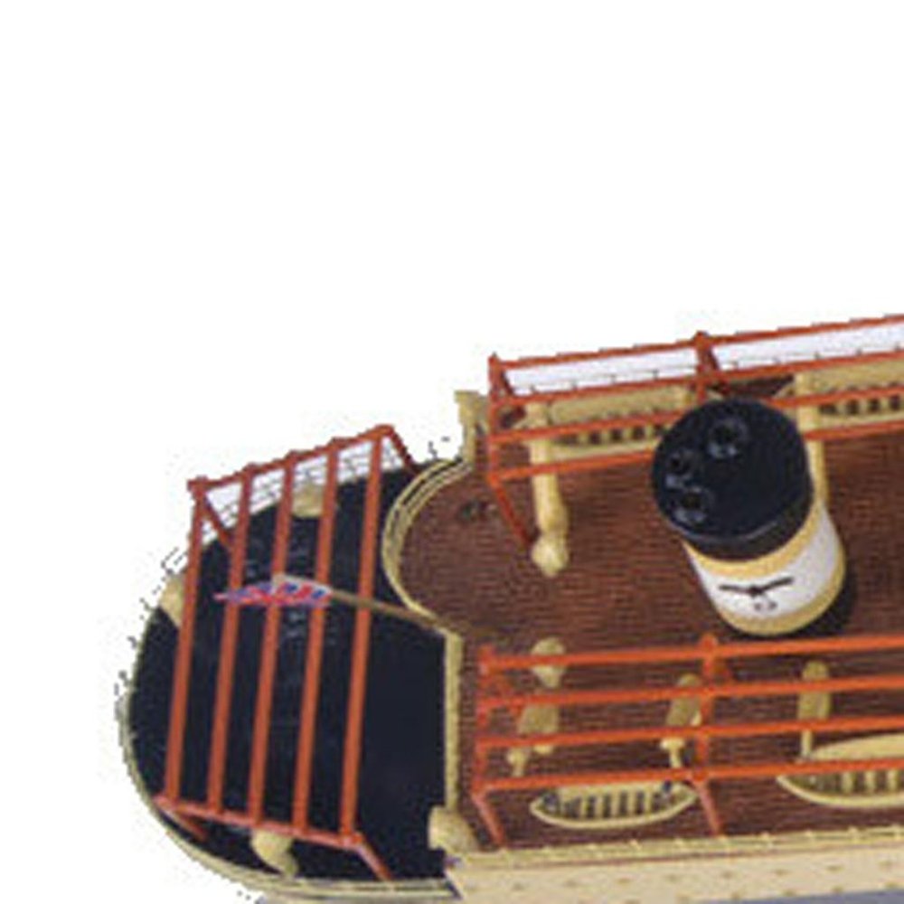 10" Unfinished Wood Hand Painted Model Boat. Home product isolated on a plain white background, showing a burgundy wood surface.