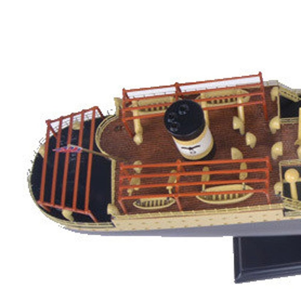10" Unfinished Wood Hand Painted Model Boat. Home product isolated on a plain white background, in a burgundy wood finish.