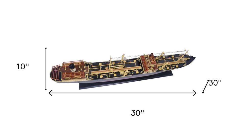 10" Unfinished Wood Hand Painted Model Boat. Home product isolated on a plain white background, showing a light gray wood surface.