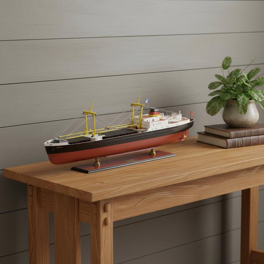 12" Unfinished Wood Hand Painted Model Boat styled in a furnished interior with a gray wall on a dark wood floor in gray wood.