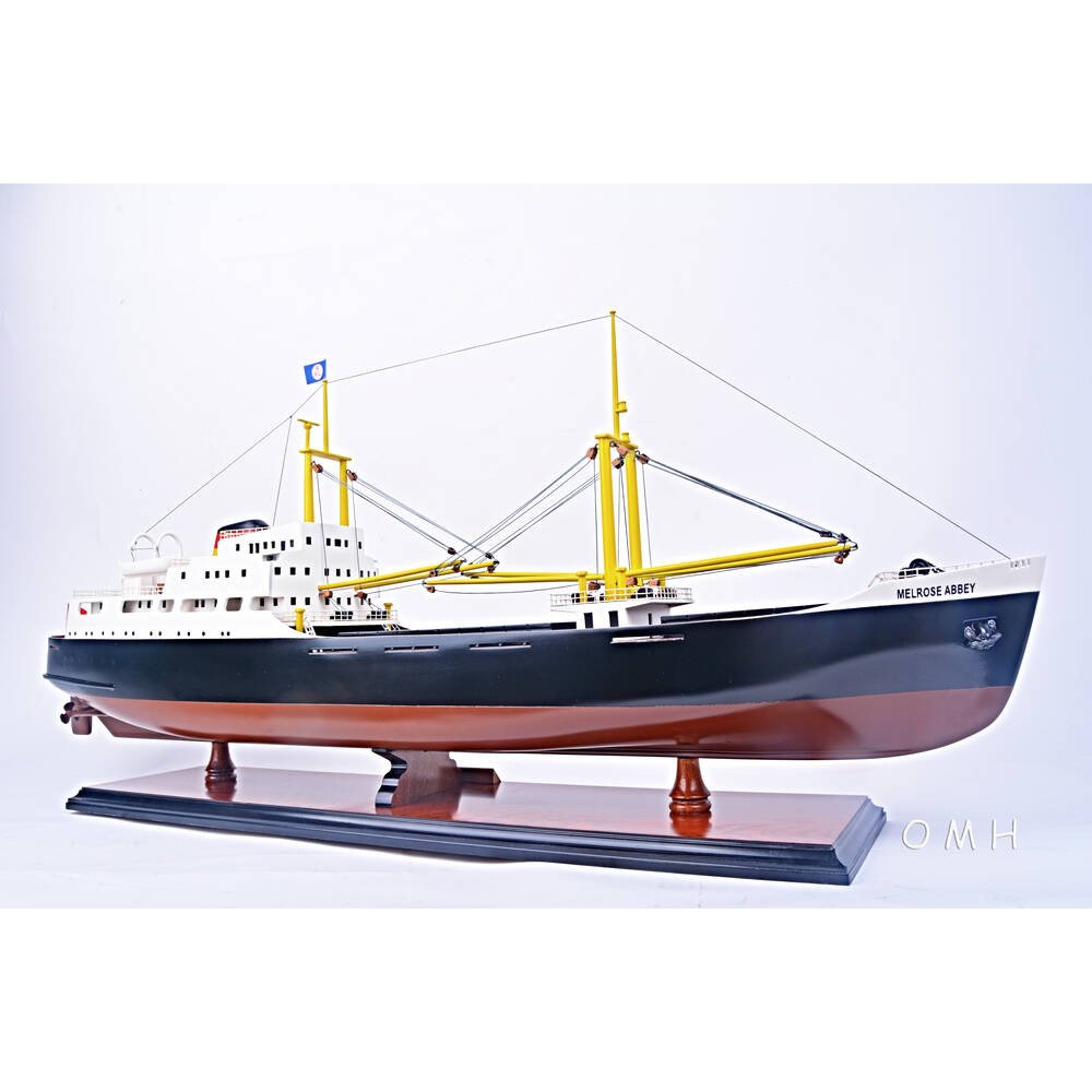 12" Unfinished Wood Hand Painted Model Boat. Home product isolated on a plain white background, in a blue wood finish.
