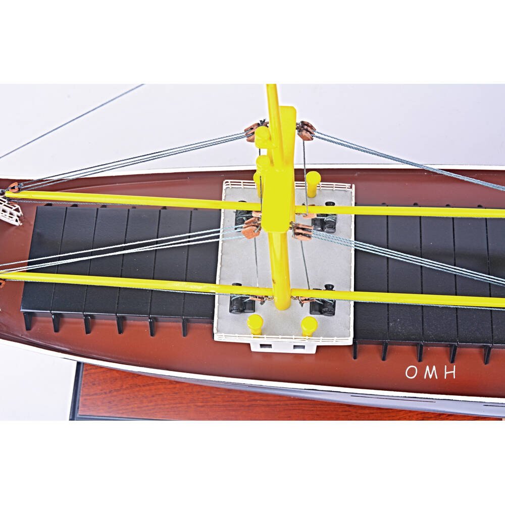 12" Unfinished Wood Hand Painted Model Boat. Home product isolated on a plain white background, in a charcoal wood finish.