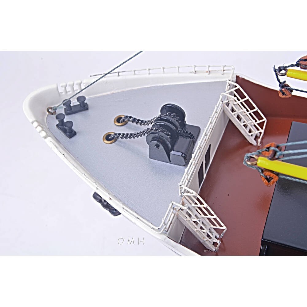 12" Unfinished Wood Hand Painted Model Boat. Home product isolated on a plain white background, finished in blue wood.